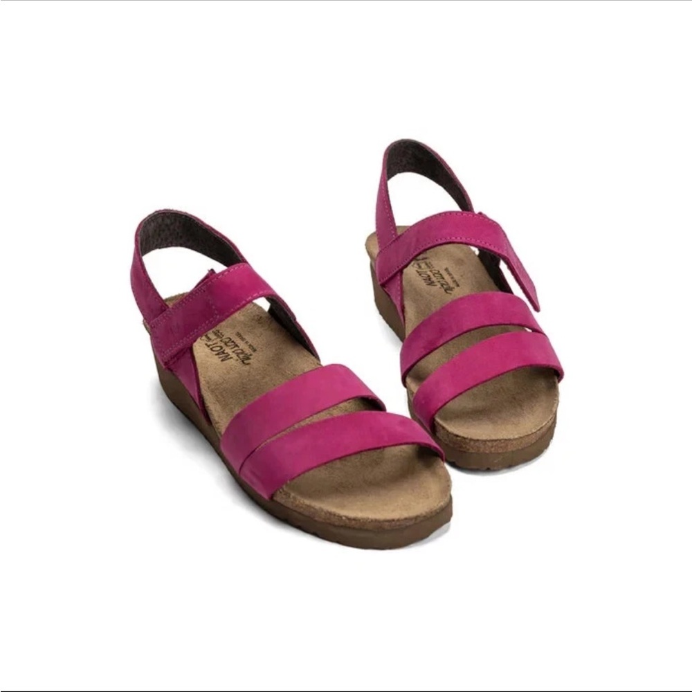 NAOT Kayla comfort wedge sandal shoe pink plum purple strap leather 33